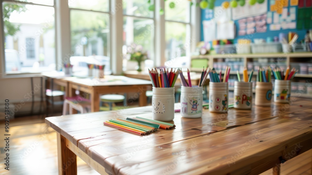 Aufkleber A classroom with a wooden table and a window. There are several jars of pencils on the table