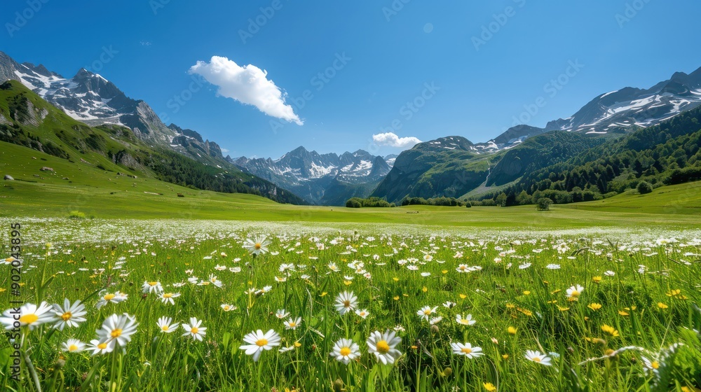 Poster a large field of yellow and white flowers with a clear blue sky in the background. the field is vast