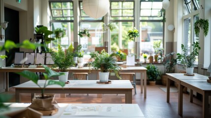 Fototapeta premium A room with many potted plants and tables. The mood of the room is calm and peaceful