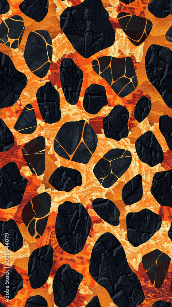 Poster Seamless pattern depicting glowing lava flowing between black volcanic rocks, creating a mesmerizing and fiery visual