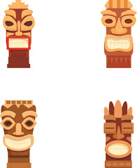 Illustration of four unique tiki masks, representing polynesian or hawaiian culture, isolated on white