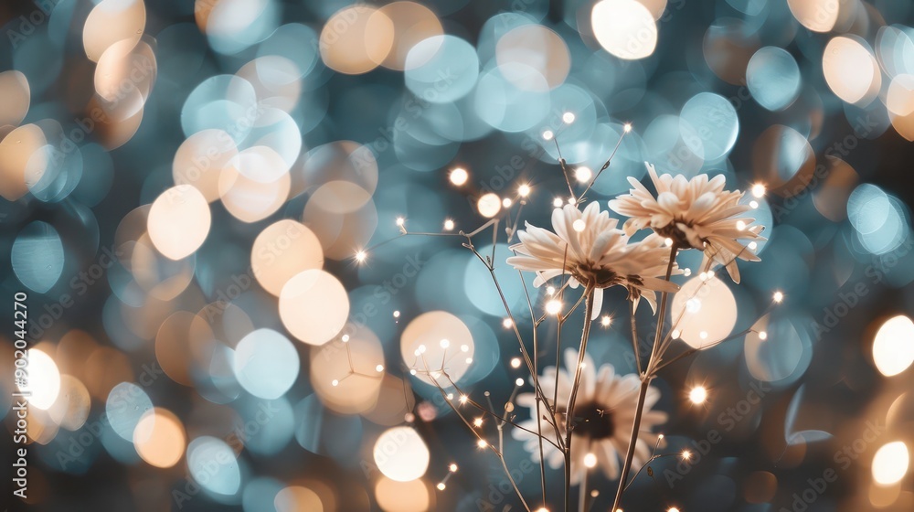 Poster a bouquet of white flowers is lit up by a light source, creating a warm and inviting atmosphere