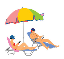 Obraz premium Handsome couple lying down on sun bed lounge chair on beach and reading book under parasol. Summer vacation by pool woman, man sunbathing. Girl and boy relaxing enjoy. Relax family vector illustration
