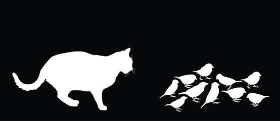 Fat hungry cat chasing flock of birds vector silhouette illustration isolated. Cat lurking to eat sparrow. Feline hunter hunting prey. Cat catch bird for dinner. Domestic farm predator. Home pet hunt.