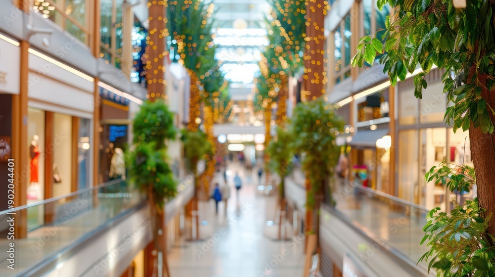 Poster a busy shopping mall with people walking around and trees in the background. the atmosphere is livel