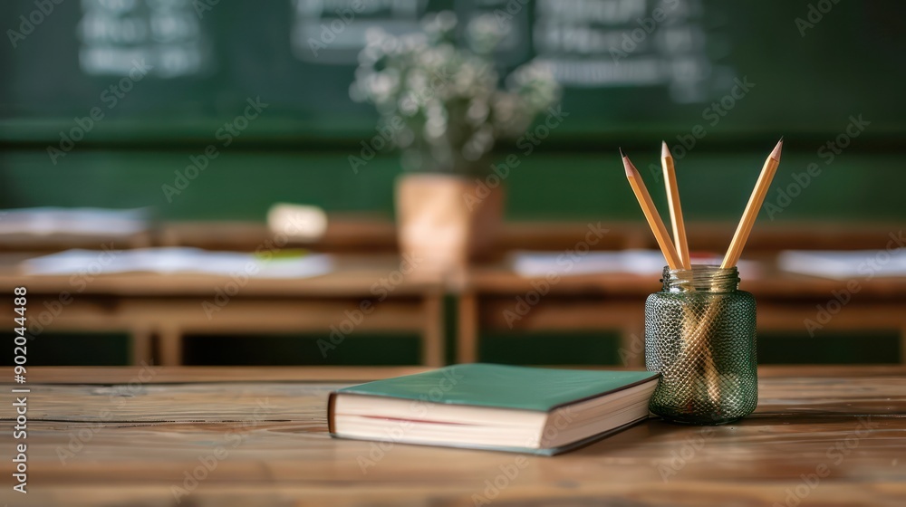 Poster a green book sits on a desk next to a jar of pencils. the jar is filled with three pencils, two of w