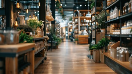 A large open store with many shelves and aisles. The store is filled with many different items, including plants and flowers. The atmosphere is bright and inviting