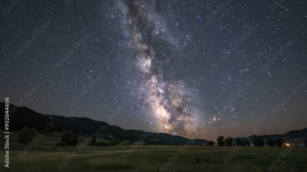 Poster a large, dark sky with a long, thin line of stars. the stars are scattered throughout the sky, with 