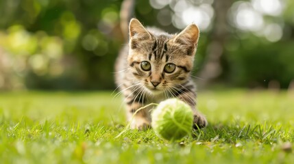 Obraz premium A kitten is playing with a tennis ball in a grassy field. The scene is lively and playful, with the kitten chasing after the ball with enthusiasm