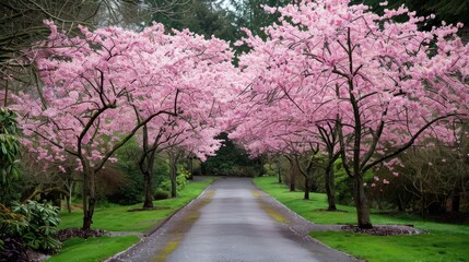 A road lined with trees is covered in pink blossoms. The trees are tall and spread out, creating a sense of openness and tranquility. The pink flowers add a touch of beauty and color to the scene