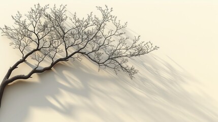 Obraz premium Leafless tree branch casting long shadow on beige background, minimalist nature scene