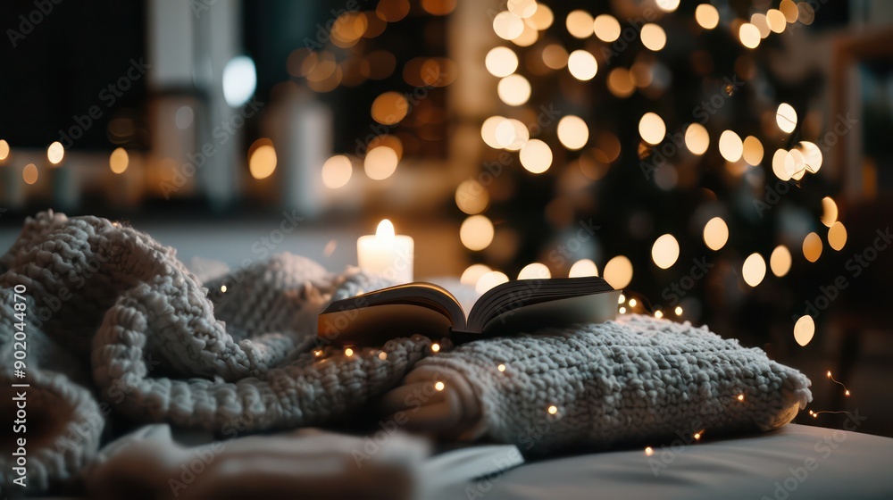 Poster a book is open on a bed with a blanket and a lit candle. the scene is cozy and inviting, with the ca