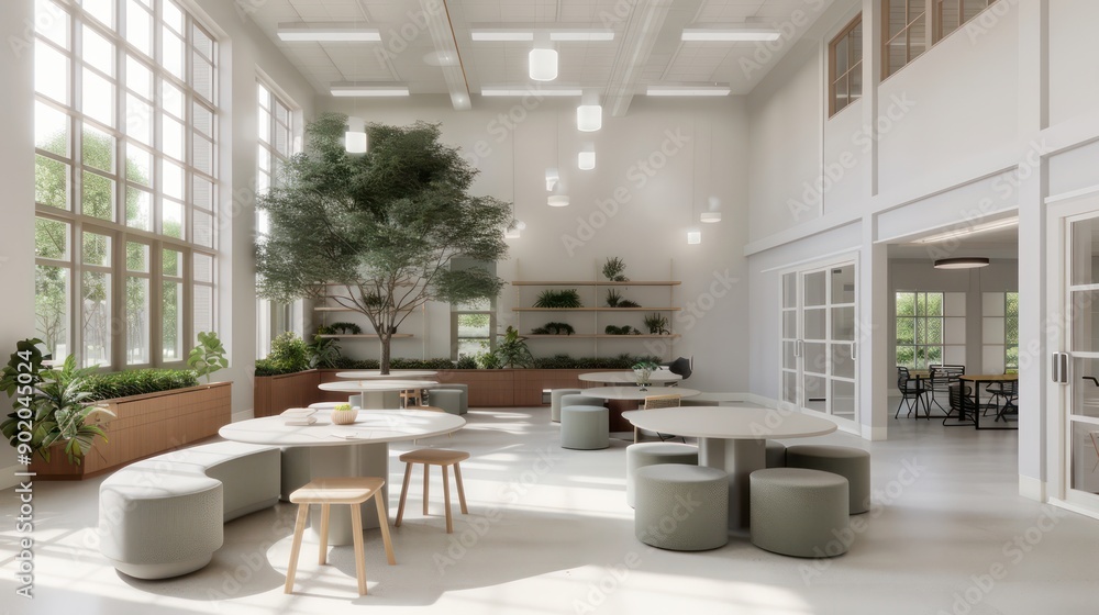 Poster A large open room with a tree in the middle and many tables and chairs. The room is bright and inviting, with a sense of spaciousness