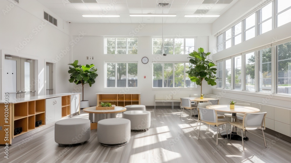 Poster A large room with a lot of windows and a clock on the wall. There are several tables and chairs, and a potted plant in the room. The room has a modern and spacious feel