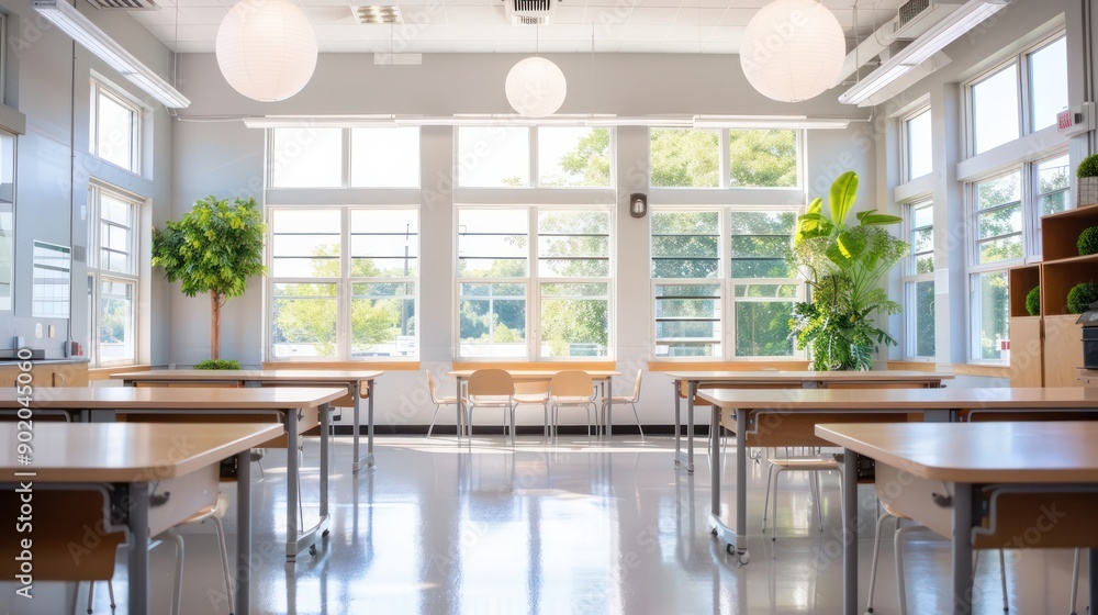 Poster a classroom with a lot of windows and a few potted plants. the room is empty and clean