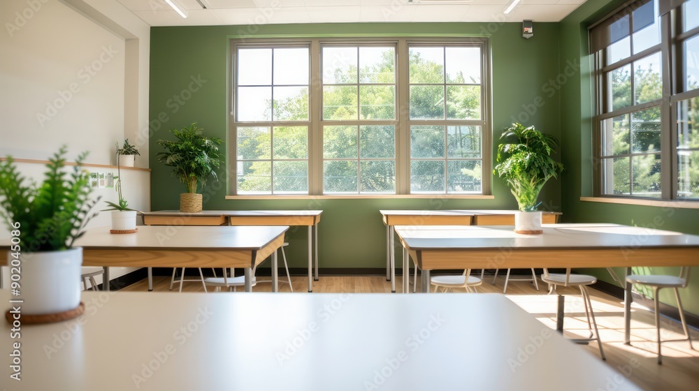 Poster A classroom with a green wall and a window. There are several potted plants in the room, including one in the foreground and another in the background. The room is empty