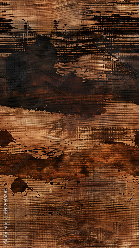 Poster grunge woodgrain texture with dark brown and black paint splatters creating a seamless abstract patt