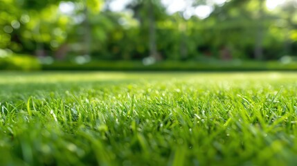 Naklejka premium A lush green field with a few trees in the background. The grass is very green and the sky is blue