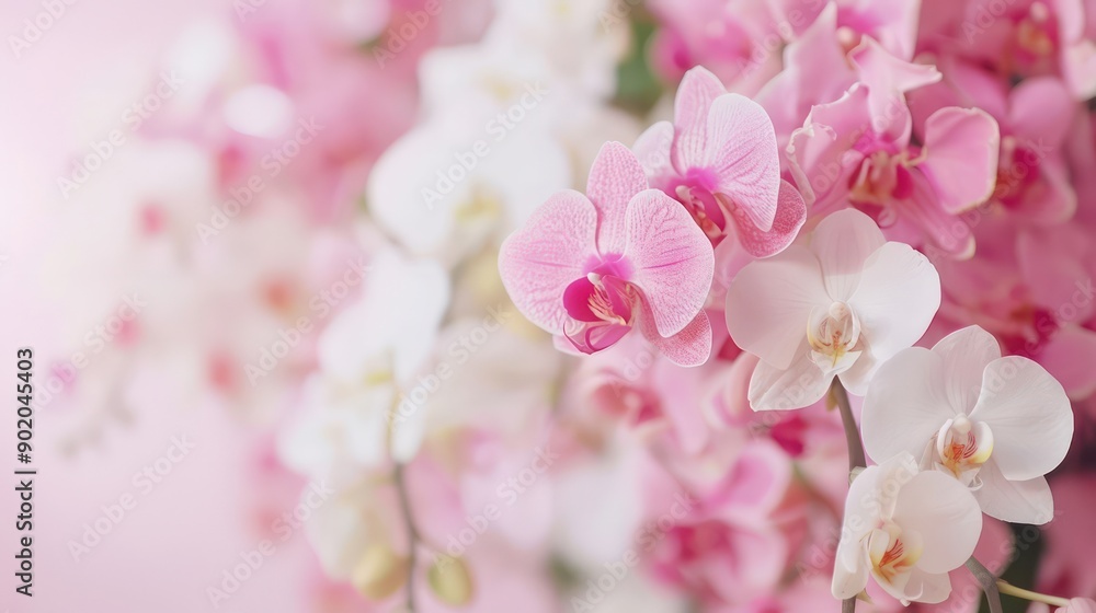 Poster a bouquet of pink and white orchids. the flowers are arranged in a way that they are all facing the 