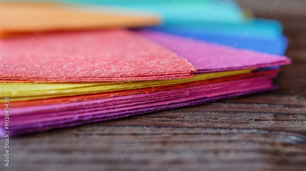 Poster A stack of colorful paper is on a wooden table. The colors are bright and vibrant, creating a cheerful and lively atmosphere. The paper is arranged in a way that it looks like a rainbow