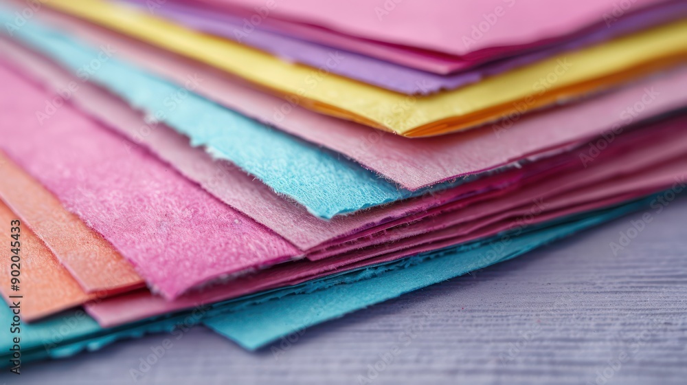 Poster A stack of colorful papers with a variety of colors including pink, blue, and yellow. The papers are arranged in a way that they are overlapping each other, creating a visually appealing