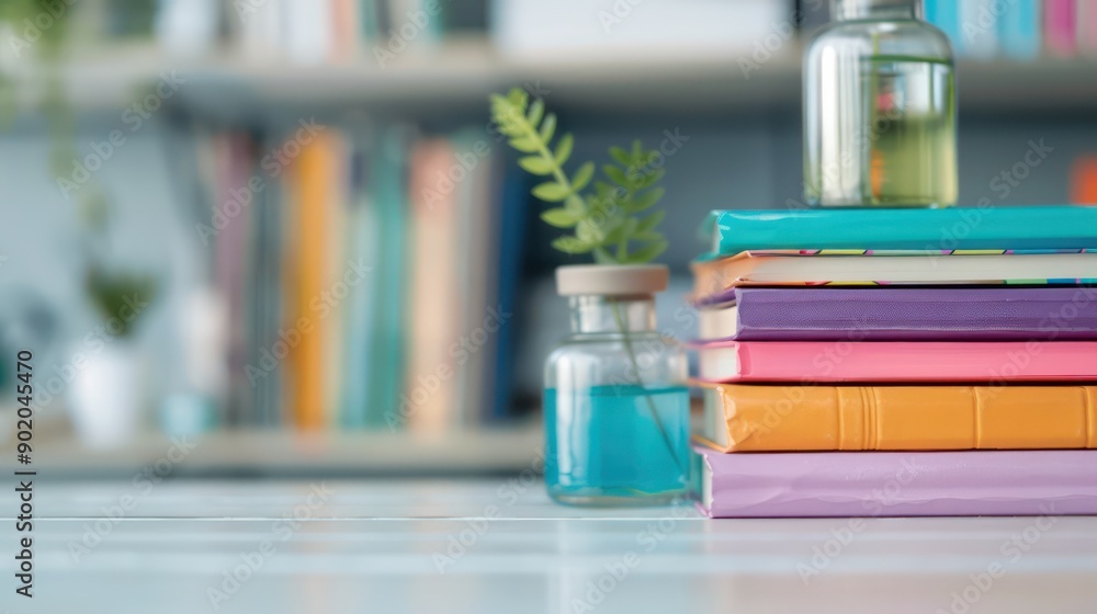 Poster a stack of books with a vase of flowers on top. the books are of different colors and sizes, and the