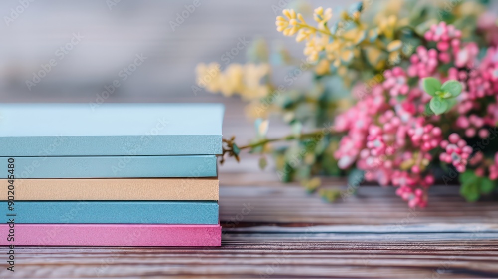 Aufkleber a stack of colorful notebooks sits on a wooden table next to a bouquet of flowers. the arrangement o