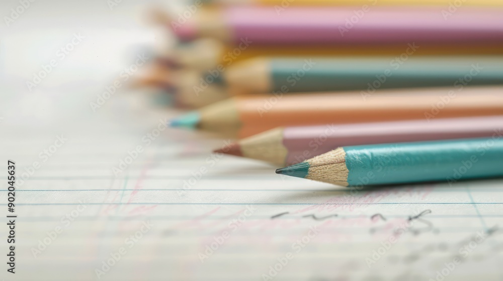 Aufkleber A row of pencils are lined up on a sheet of paper. The pencils are of different colors and sizes. Concept of organization and order, as the pencils are neatly arranged in a row