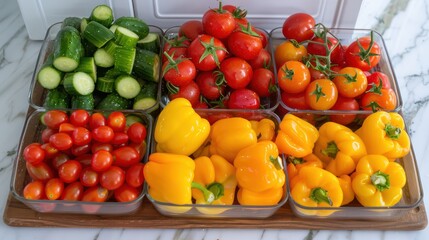 A tray of assorted vegetables including tomatoes, cucumbers, and peppers. The tray is on a wooden board