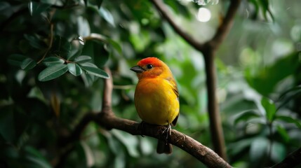 Obraz premium A yellow bird is perched on a branch in a lush green forest. The bird is small and he is looking up at something. The scene is peaceful and serene, with the bird being the only living creature visible