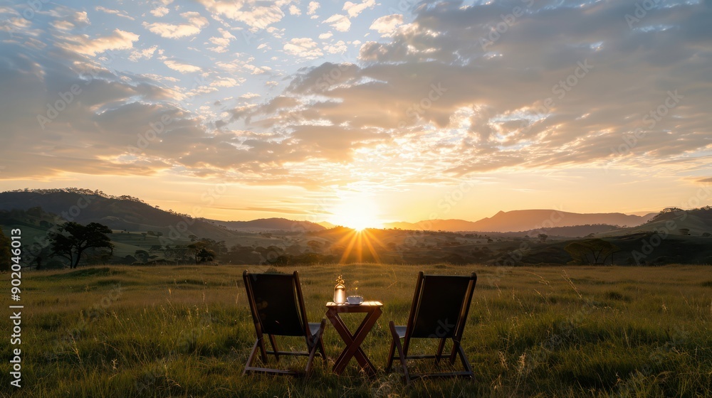 Poster two chairs are set up in a field with a beautiful sunset in the background. the chairs are facing ea