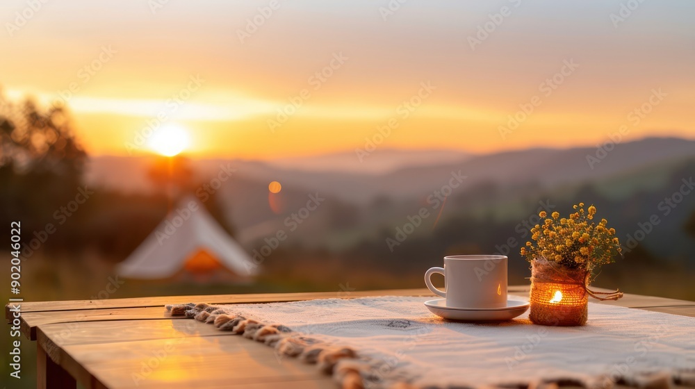 Poster a table with a cup of coffee and a vase of flowers. the sun is setting in the background, creating a