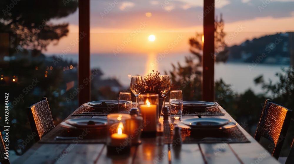 Fototapete a table with a candle in the middle and a view of the ocean. the table is set for a dinner party