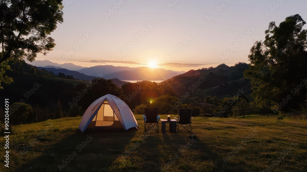 Aufkleber a white tent is set up in a grassy field with a view of the mountains. the sun is setting, casting a