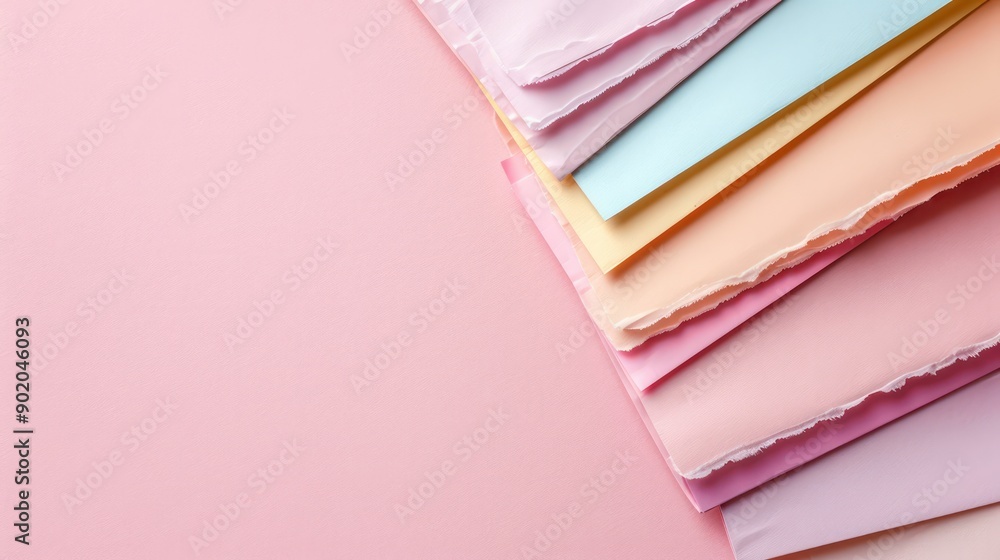 Poster A stack of colorful papers with a pink background. The papers are of different colors and sizes, and they are arranged in a way that creates a visually appealing and artistic composition