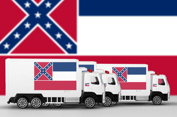 Mississippi new US state flag depicted on side wall of white delivery van close up. Shipping and local delivery concept