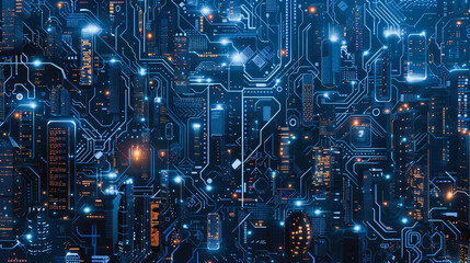 Fototapeta premium Smart digital city with connection network reciprocity over the cityscape . Concept of future smart wireless digital city and social media networking systems that connects people within the city