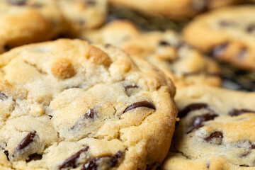 Super Close up of homemade chocolate chip cookie with selective focus