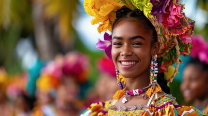 A woman wearing a colorful headdress and smiling. She is surrounded by other people in colorful clothing
