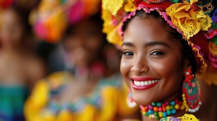 Fototapeta premium A woman wearing a colorful headdress and a necklace is smiling. She is the center of attention in the image