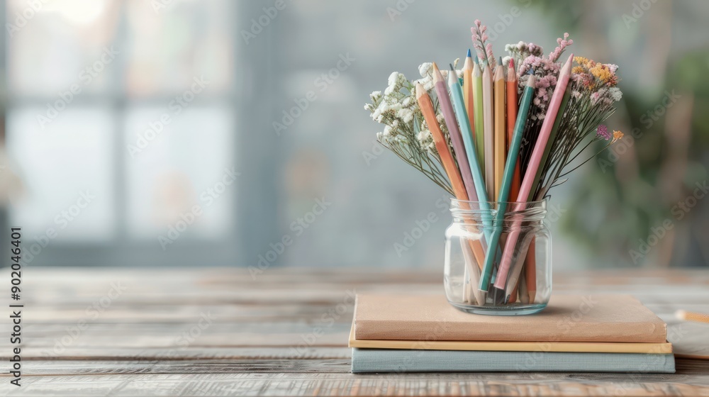 Poster a jar full of colorful pencils sits on a wooden table. the pencils are arranged in a way that they a