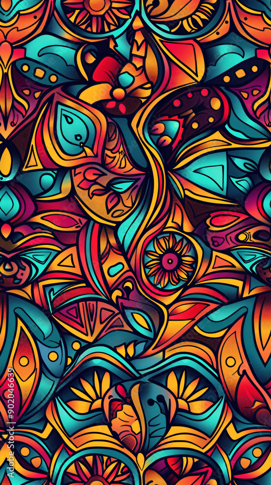 Poster psychedelic seamless pattern repeating an intricate design of colorful abstract shapes