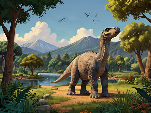 Fototapeta Cute cartoon dinosaur similar to brachiosaurus with long neck and smiling face.