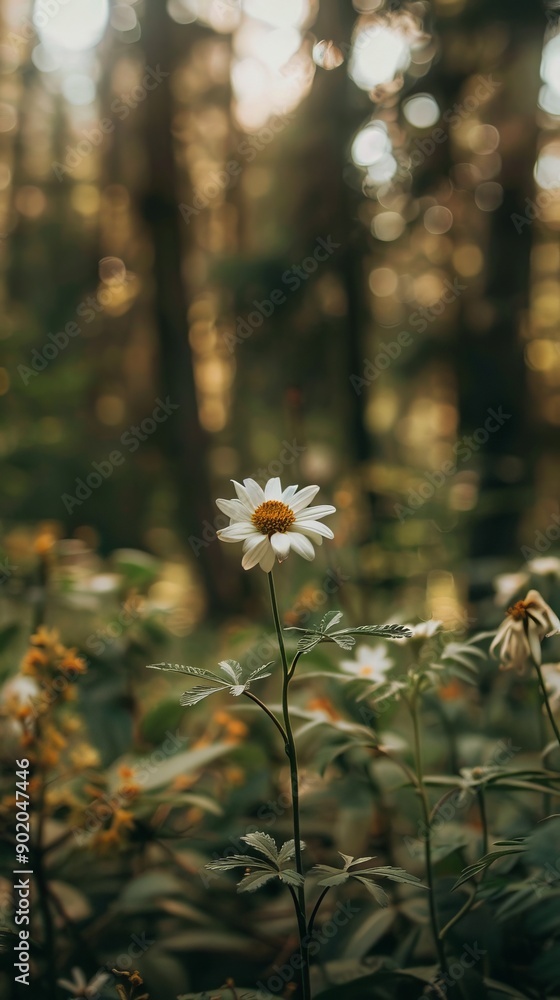 Poster close-up of daisy flower in forest with bokeh background, nature concept