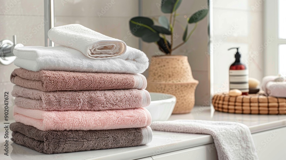 Poster stack of spa towels on a white table in a bathroom setting