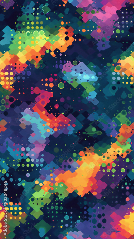 Poster vibrant seamless pattern with geometric shapes and halftone dots, ideal for contemporary and lively 