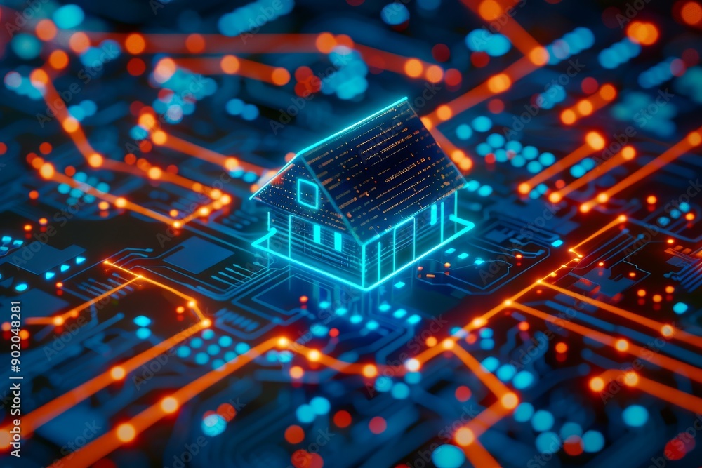 Poster blue digital house model on a complex circuit board representing advanced technology and smart home 