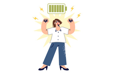 Full of energy woman showing biceps, standing near charged battery, for ready to work concept.