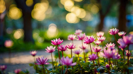 Obraz premium Springtime blurred bokeh on a peaceful garden and flower meadow