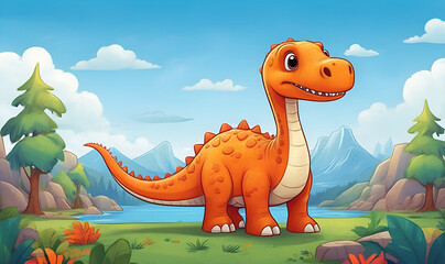 Naklejka premium Cute cartoon dinosaur similar to brachiosaurus with long neck and smiling face.